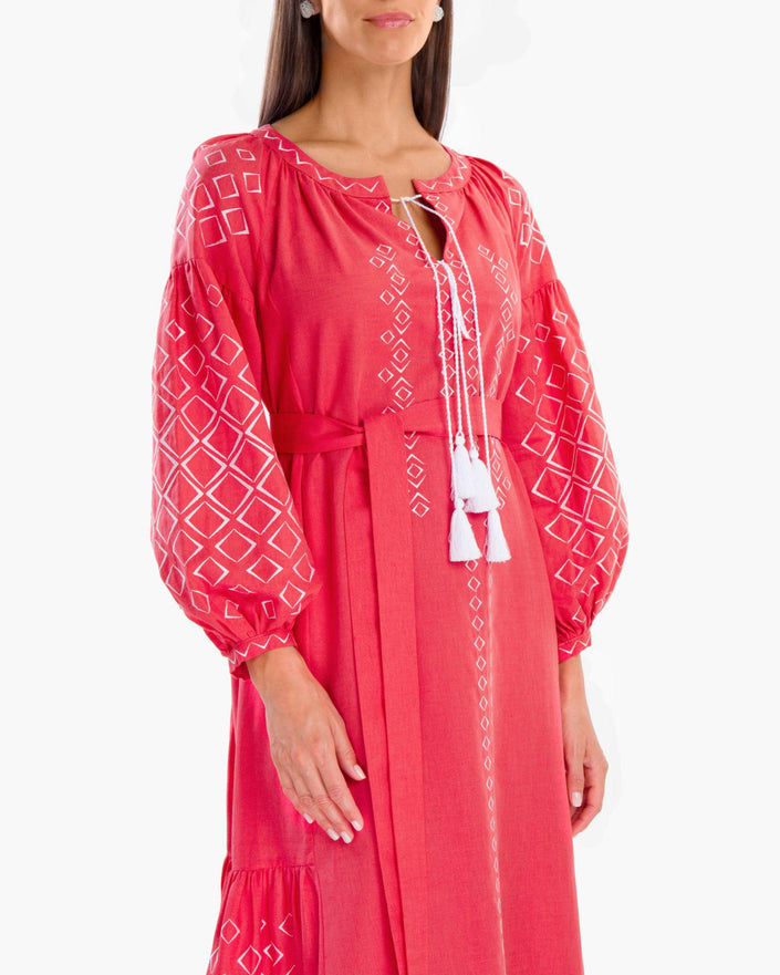Coral White Geometric Embroidered Linen Kaftan Maxi Dress