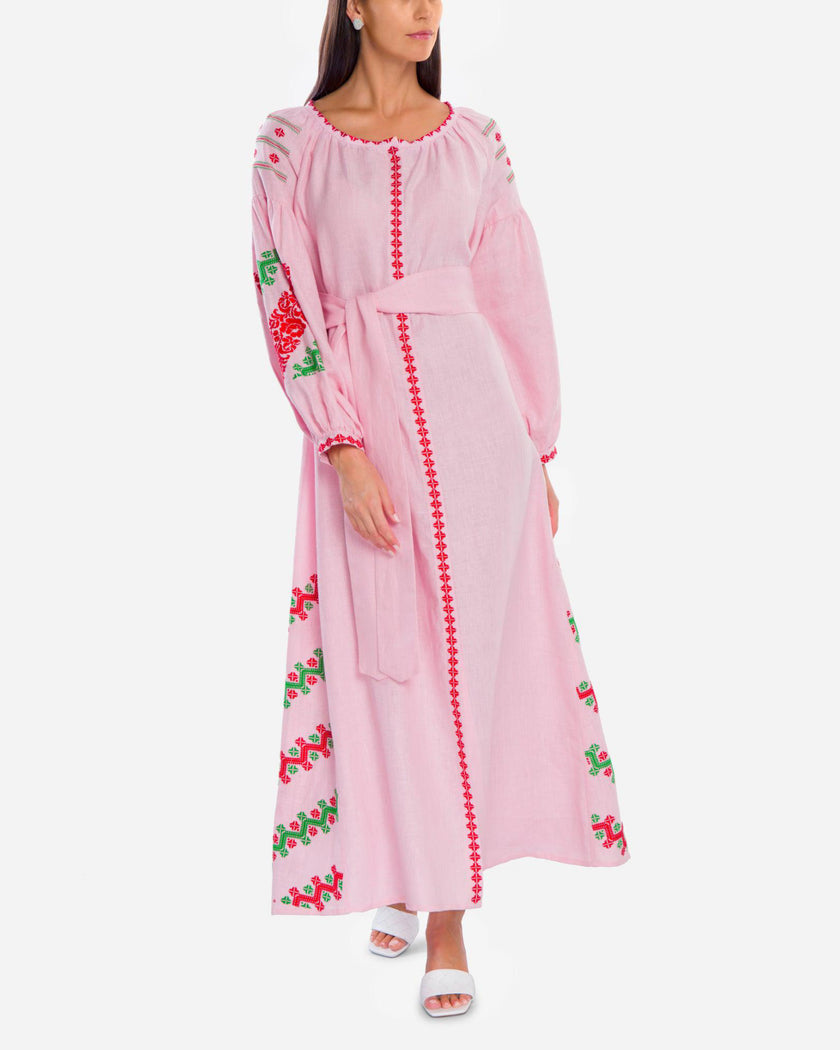 Light Pink Hand Embroidered Linen Maxi Dress | ZALXNDRA