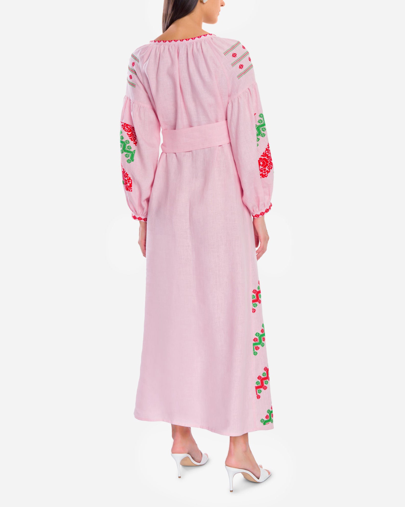 Light Pink Hand Embroidered Linen Maxi Dress | ZALXNDRA