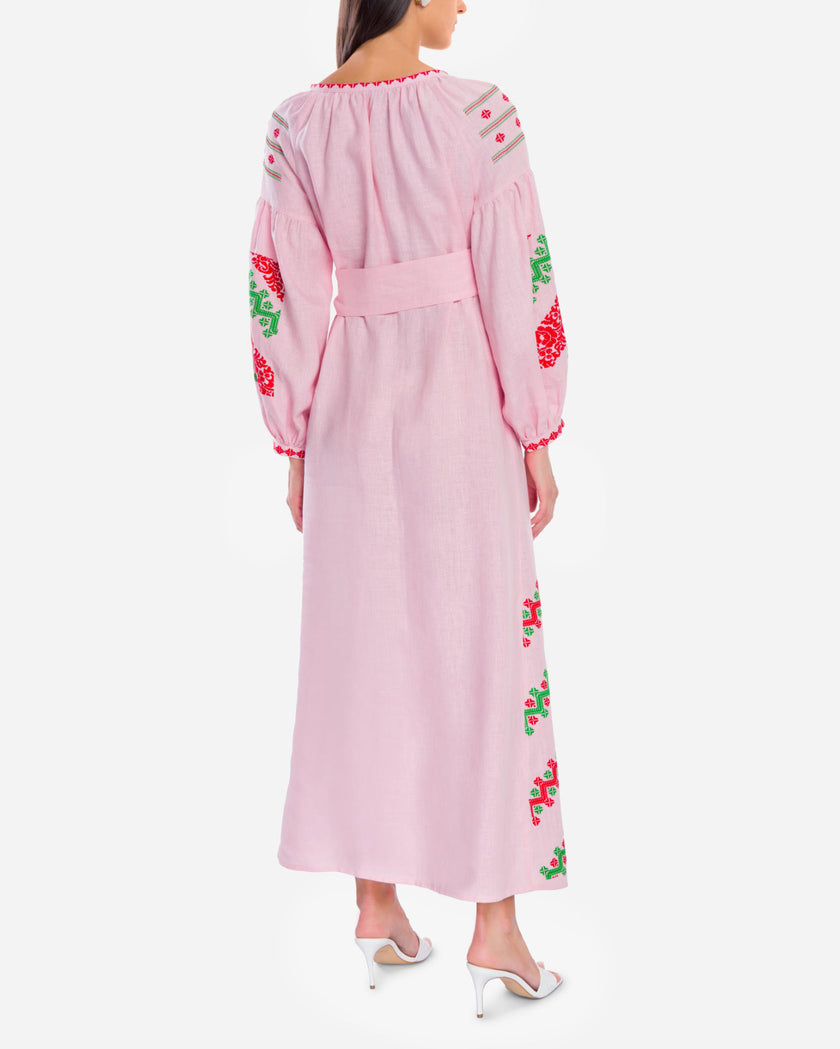 Light Pink Hand Embroidered Linen Maxi Dress | ZALXNDRA