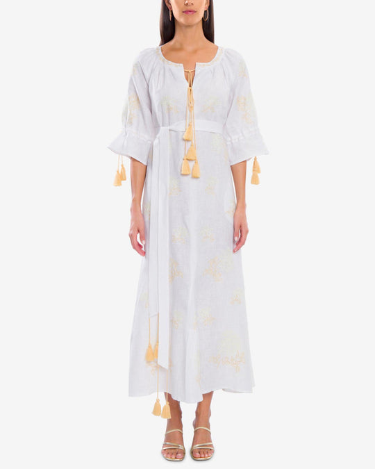 White Gold Floral Embroidered Linen Kaftan Maxi Dress