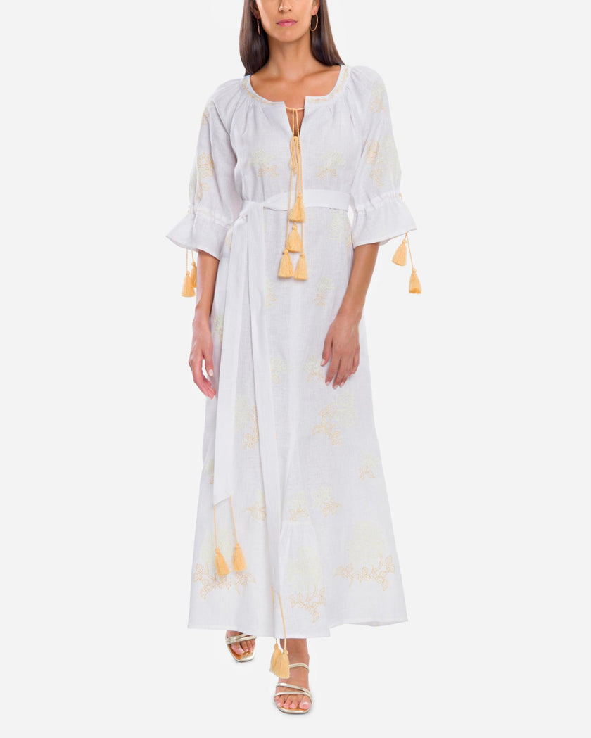 White Embroidered Linen Maxi Dress | ZALXNDRA