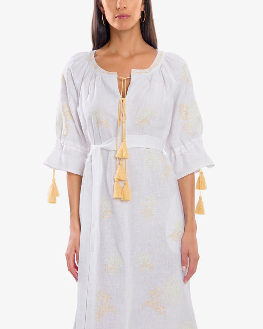 White Gold Floral Embroidered Linen Kaftan Maxi Dress