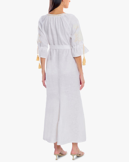 White Gold Floral Embroidered Linen Kaftan Maxi Dress