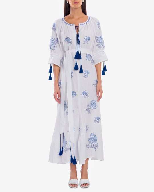 White Blue Floral Embroidered Linen Kaftan Maxi Dress