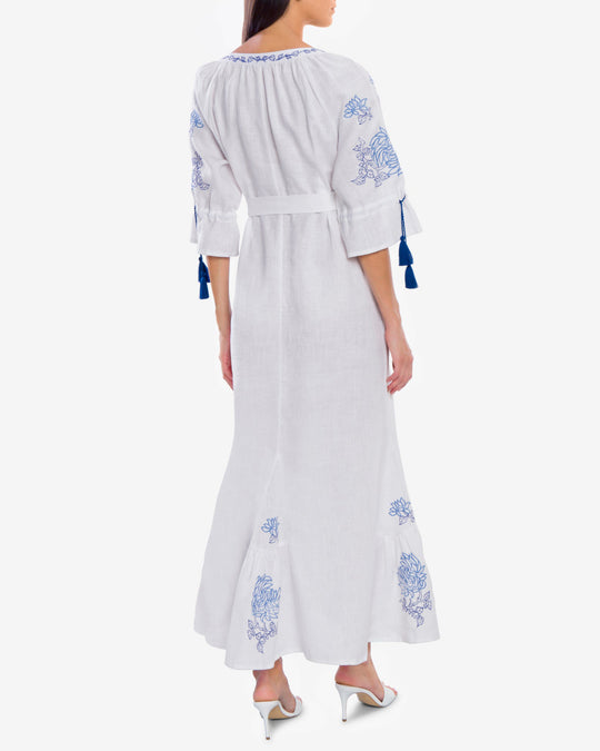 White Blue Floral Embroidered Linen Kaftan Maxi Dress