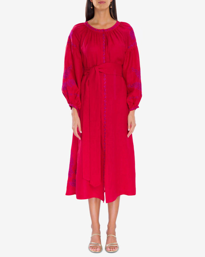 Scarlet Red Purple Embroidered Linen Kaftan Maxi Dress