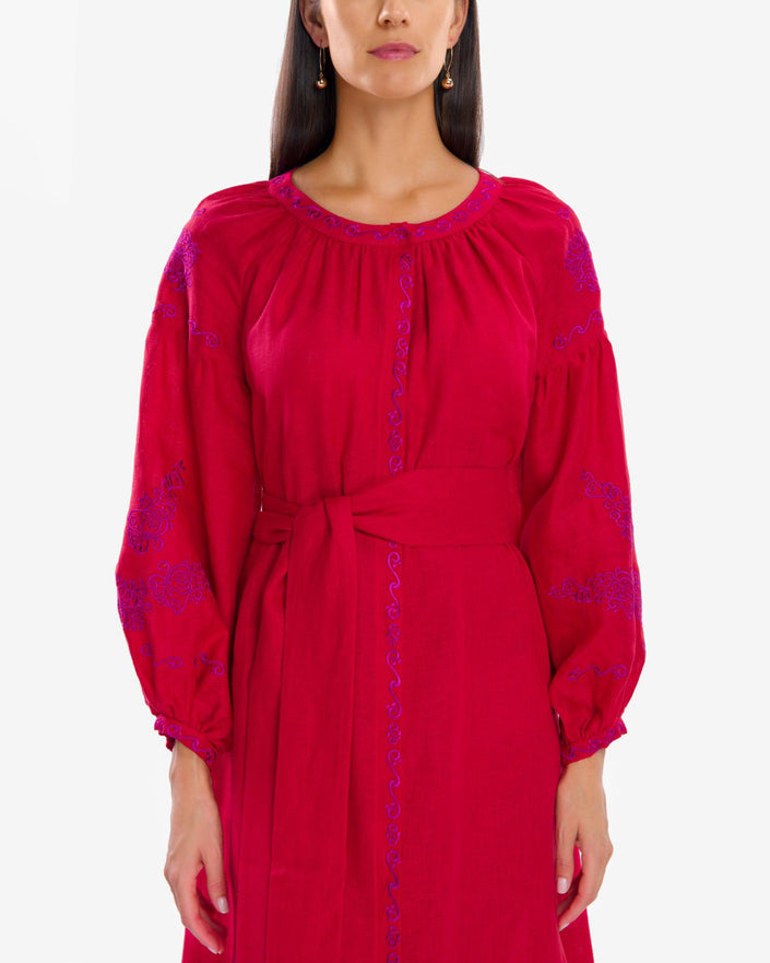 Scarlet Red Purple Embroidered Linen Kaftan Maxi Dress