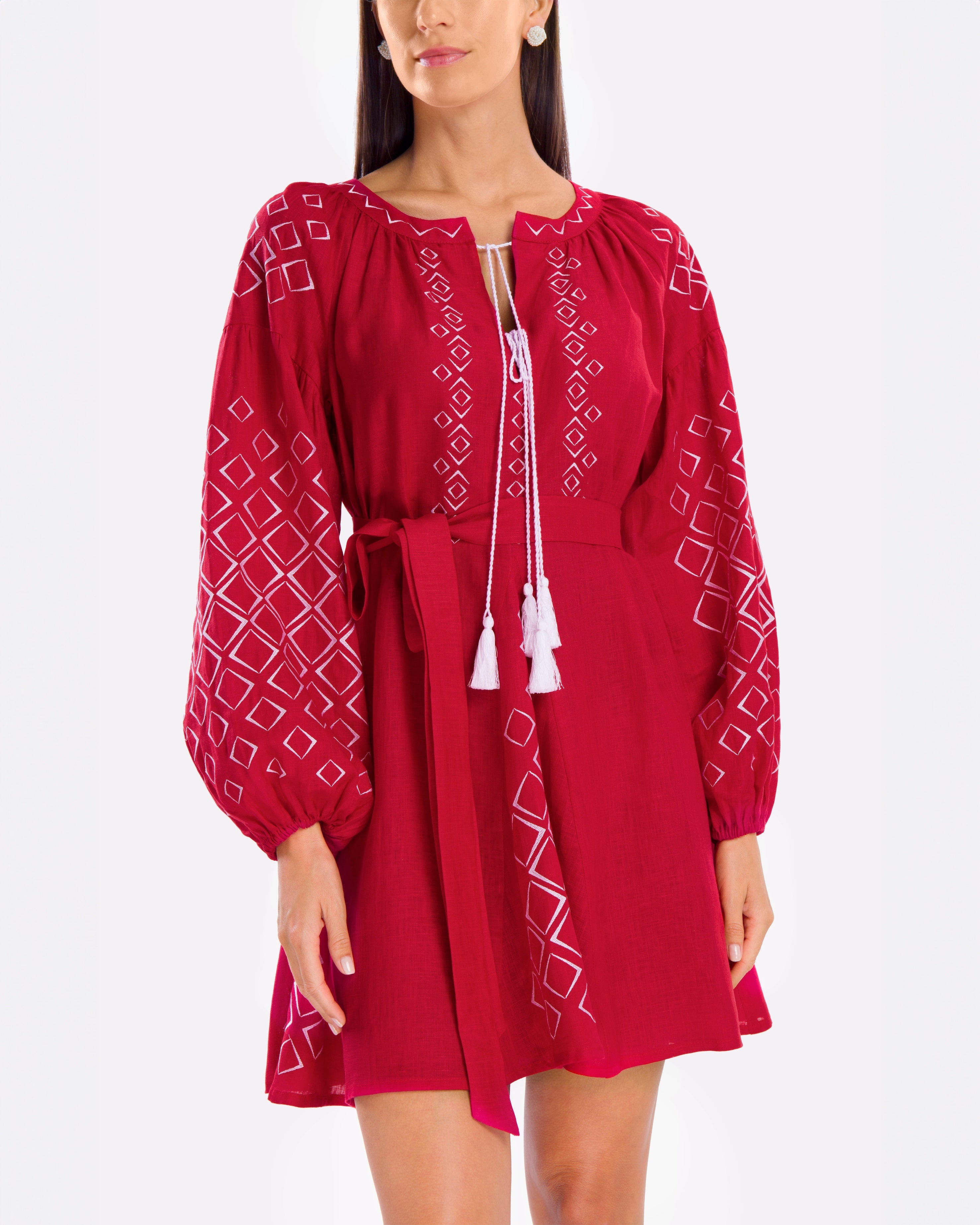 Scarlet Red Embroidered Linen Mini Dress | ZALXNDRA