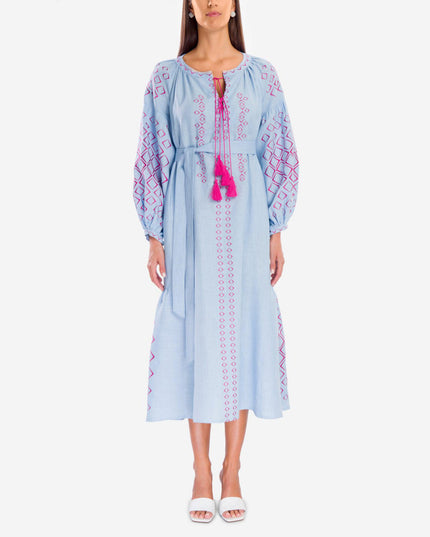 Powder Blue Embroidered Linen Maxi Dress | ZALXNDRA