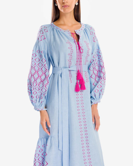 Powder Blue Embroidered Linen Maxi Dress | ZALXNDRA