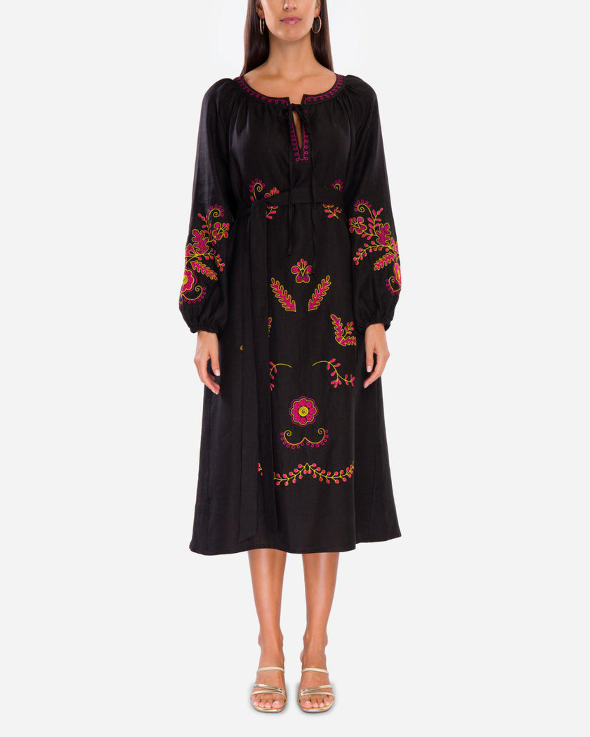 Black Embroidered Linen Maxi Dress | ZALXNDRA