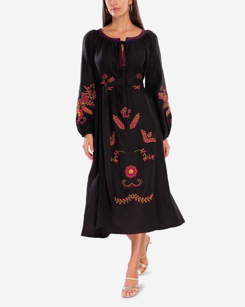 Black Embroidered Linen Maxi Dress | ZALXNDRA