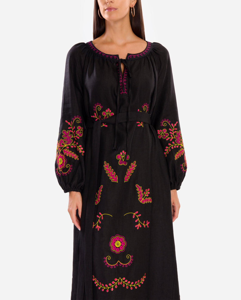 Black Embroidered Linen Maxi Dress | ZALXNDRA