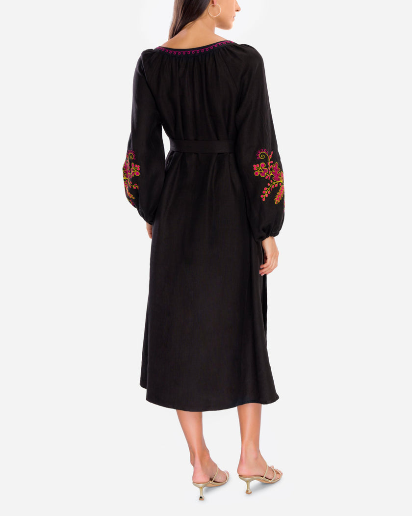 Black Embroidered Linen Maxi Dress | ZALXNDRA
