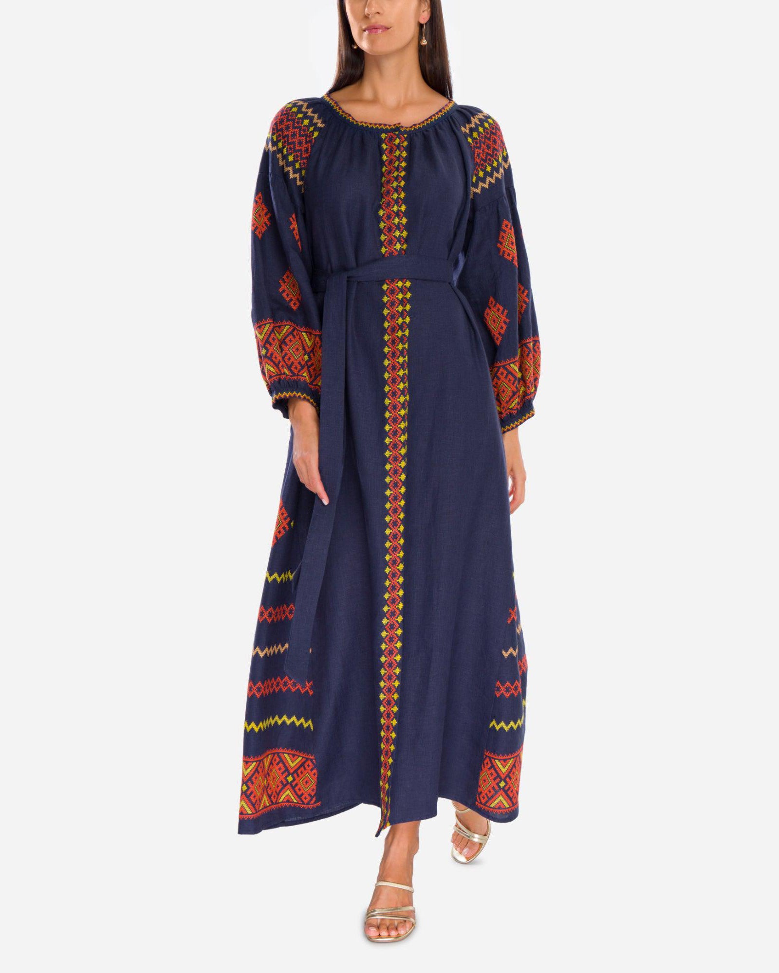 Rhapsody Blue Hand Embroidered Linen Maxi Dress | ZALXNDRA