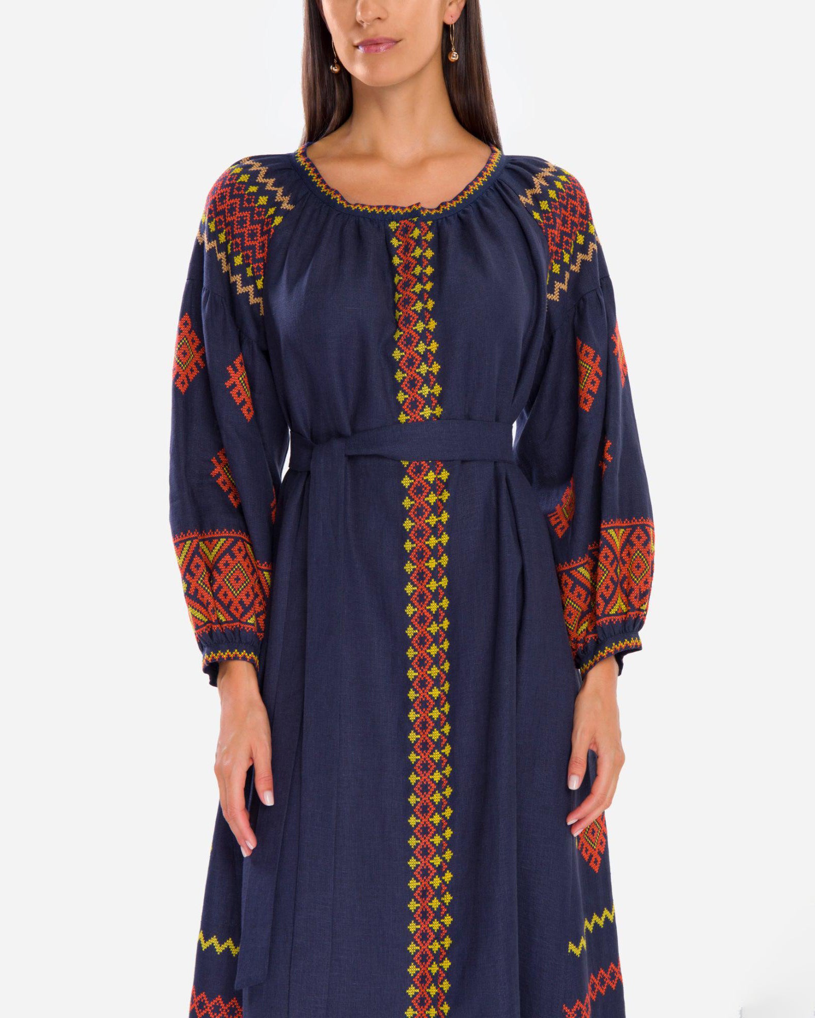 Rhapsody Blue Hand Embroidered Linen Maxi Dress | ZALXNDRA