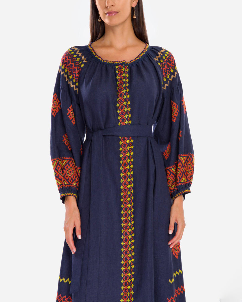 Rhapsody Blue Hand Embroidered Linen Maxi Dress | ZALXNDRA