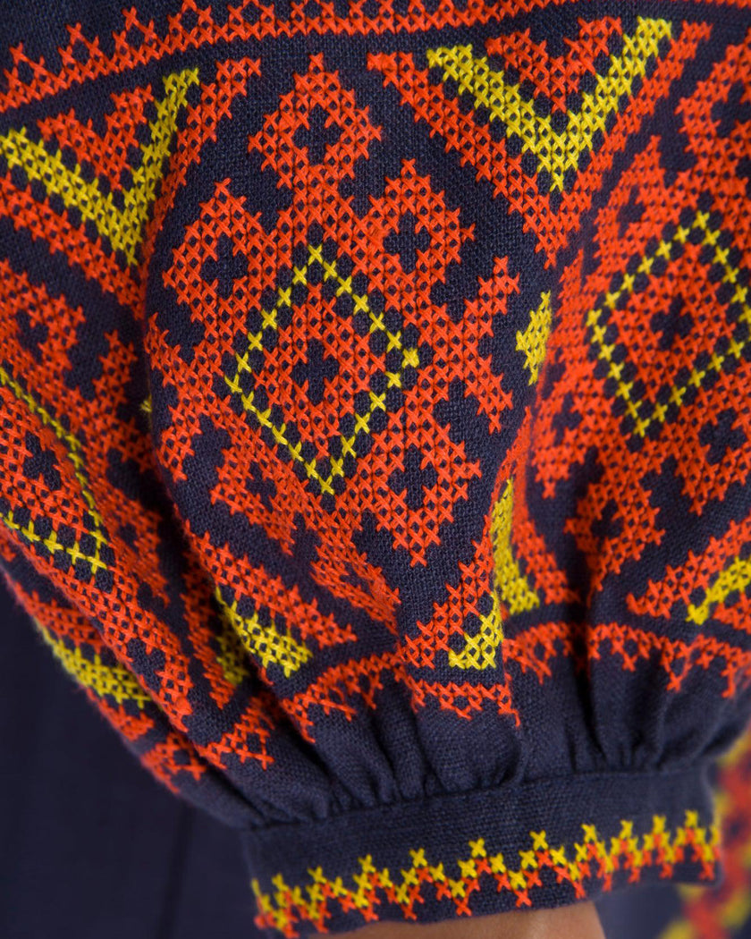 Rhapsody Blue Hand Embroidered Linen Maxi Dress | ZALXNDRA