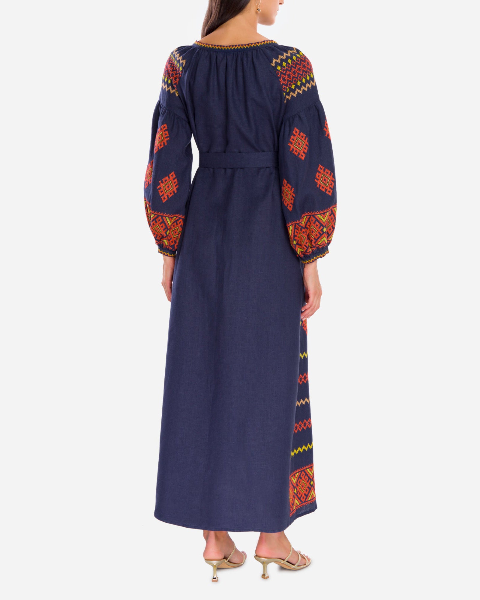 Rhapsody Blue Hand Embroidered Linen Maxi Dress | ZALXNDRA