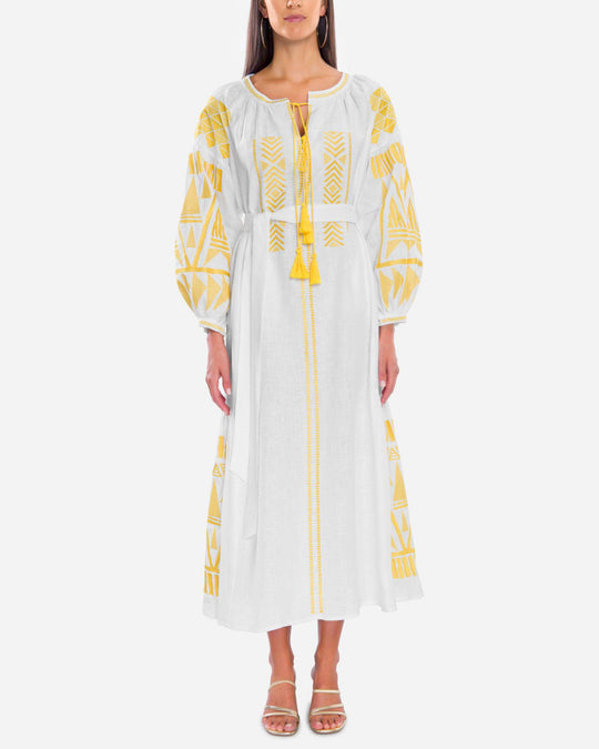White Yellow Geometric Embroidered Linen Kaftan Maxi Dress