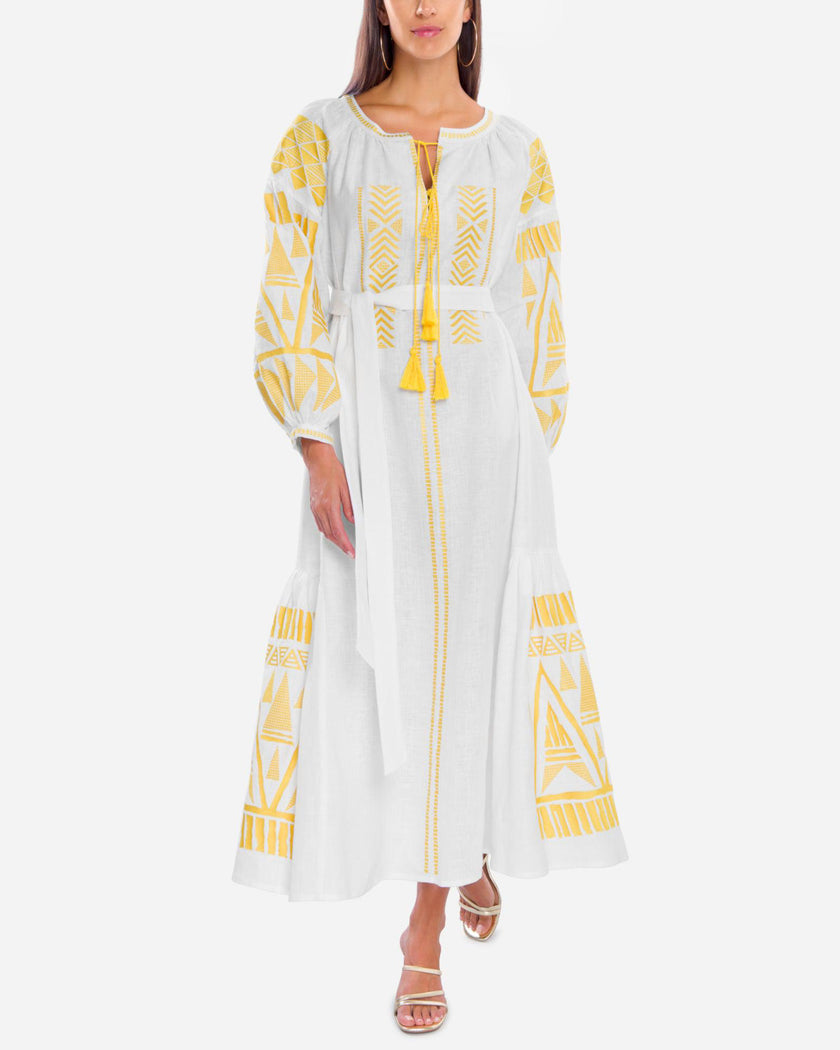 White Embroidered Linen Maxi Dress | ZALXNDRA