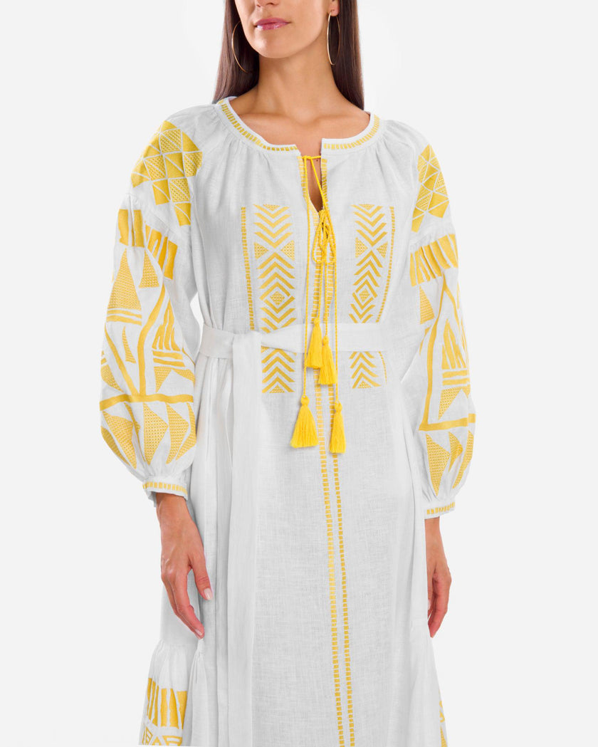 White Embroidered Linen Maxi Dress | ZALXNDRA