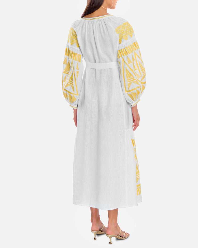 White Embroidered Linen Maxi Dress | ZALXNDRA