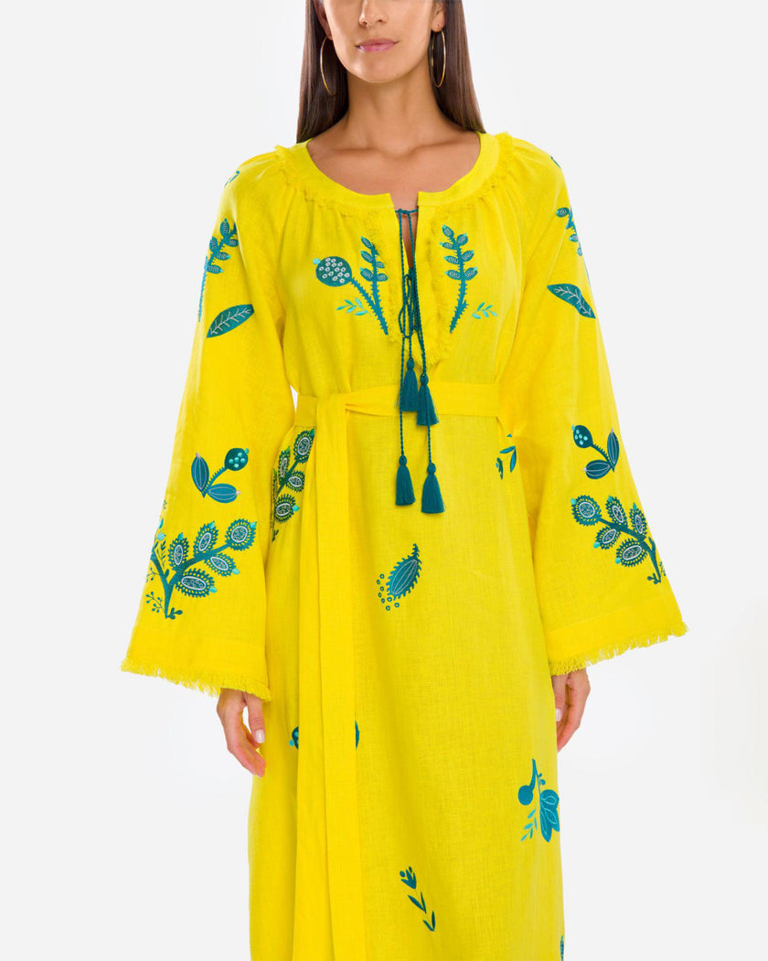 Lemon Yellow Embroidered Linen Maxi Dress | ZALXNDRA