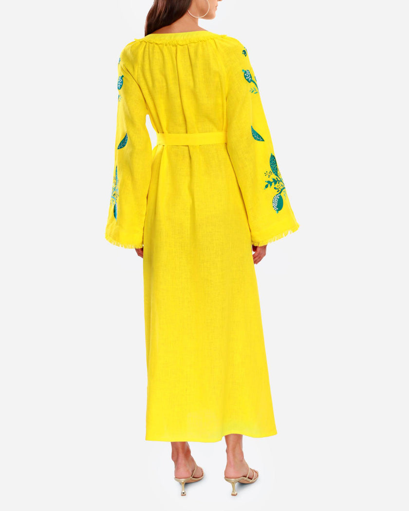 Lemon Yellow Embroidered Linen Maxi Dress | ZALXNDRA