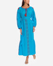 Turquoise Hand Embroidered Linen Maxi Dress | ZALXNDRA