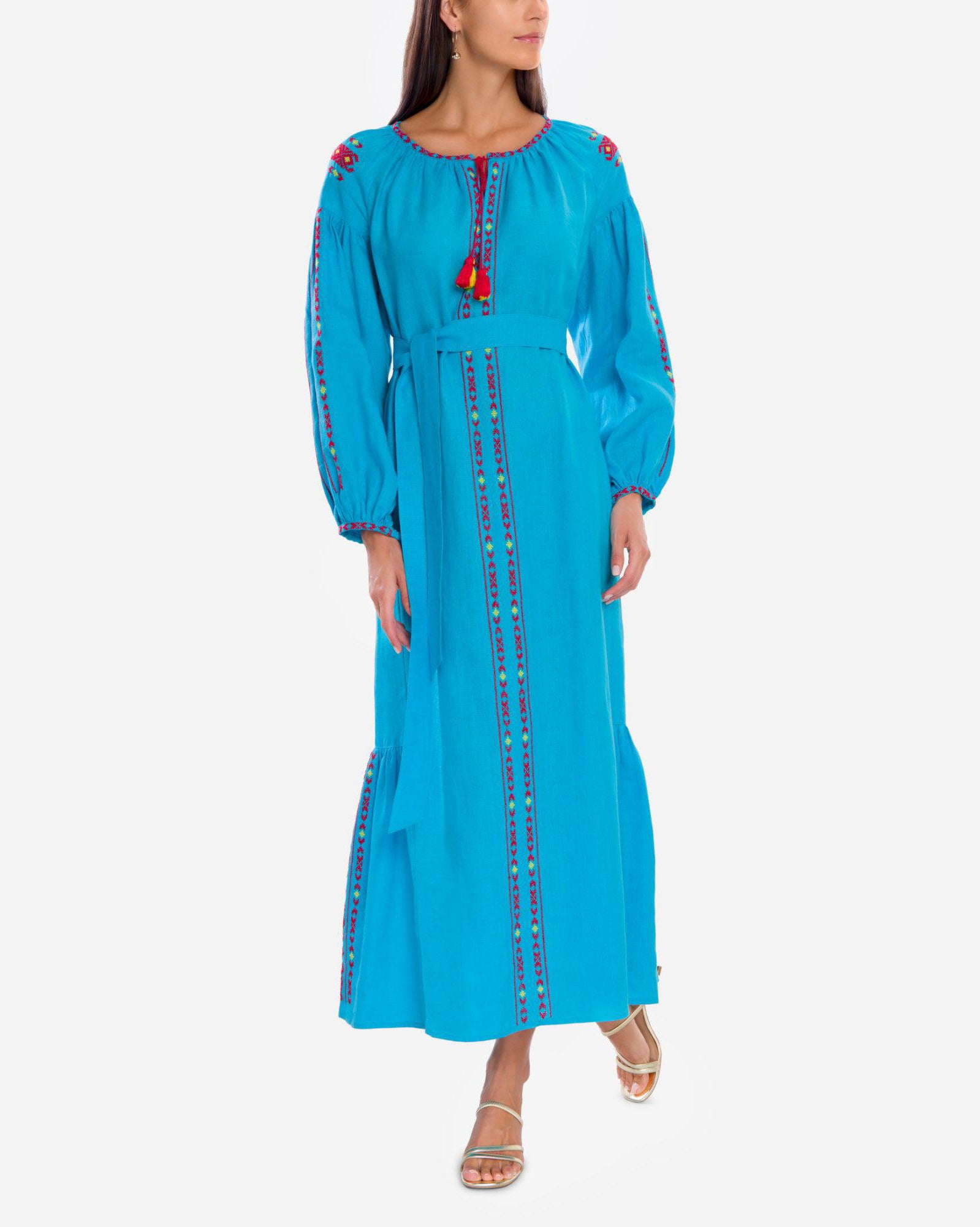 Turquoise Hand Embroidered Linen Maxi Dress | ZALXNDRA