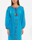 Turquoise Hand Embroidered Linen Maxi Dress | ZALXNDRA