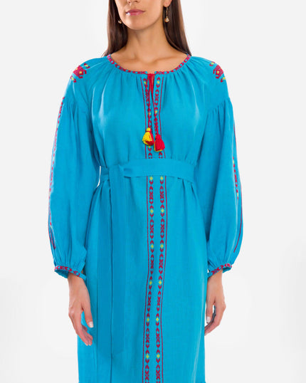 Turquoise Embroidered Linen Maxi Dress – Balloon Sleeves