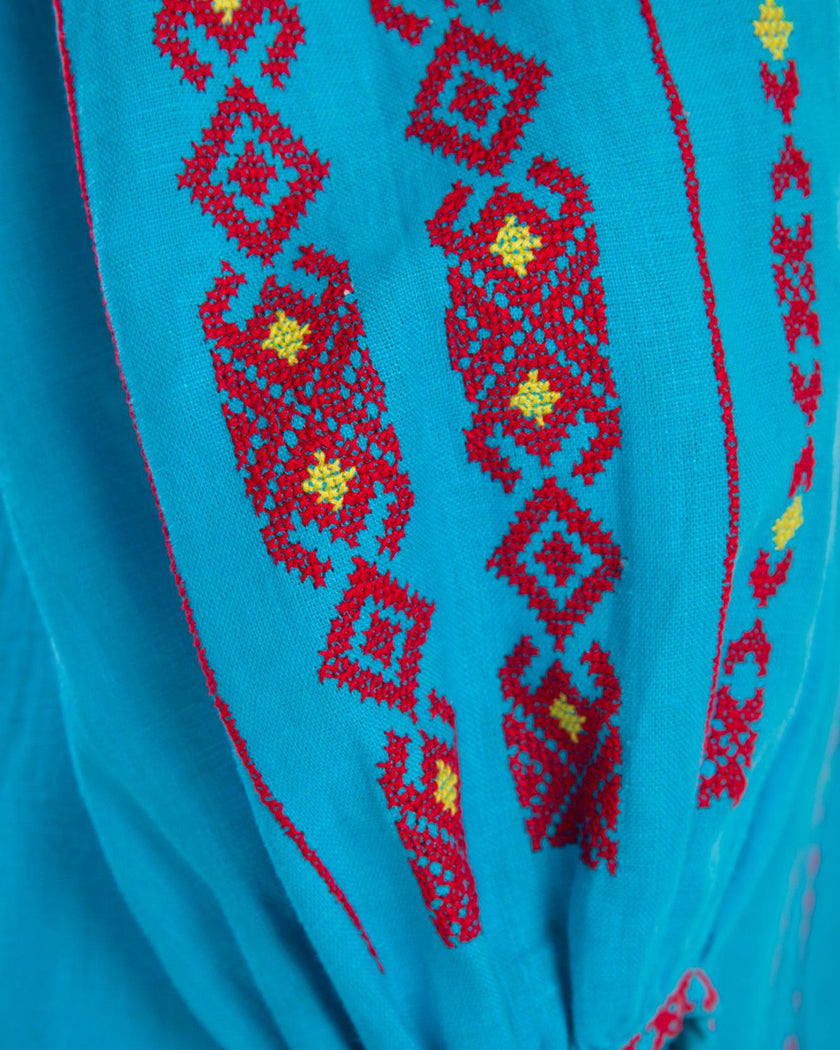 Turquoise Hand Embroidered Linen Maxi Dress | ZALXNDRA