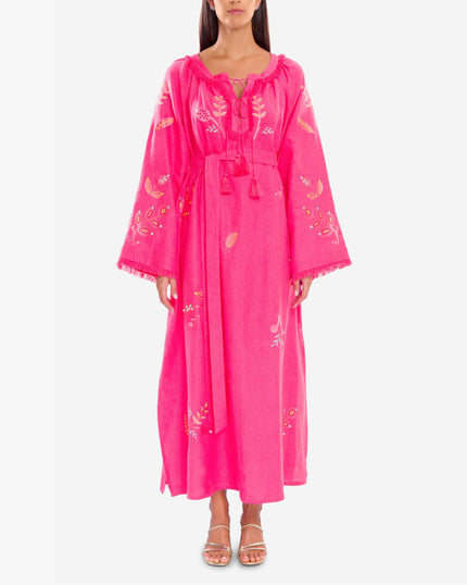 Fuchsia Embroidered Linen Maxi Dress | ZALXNDRA