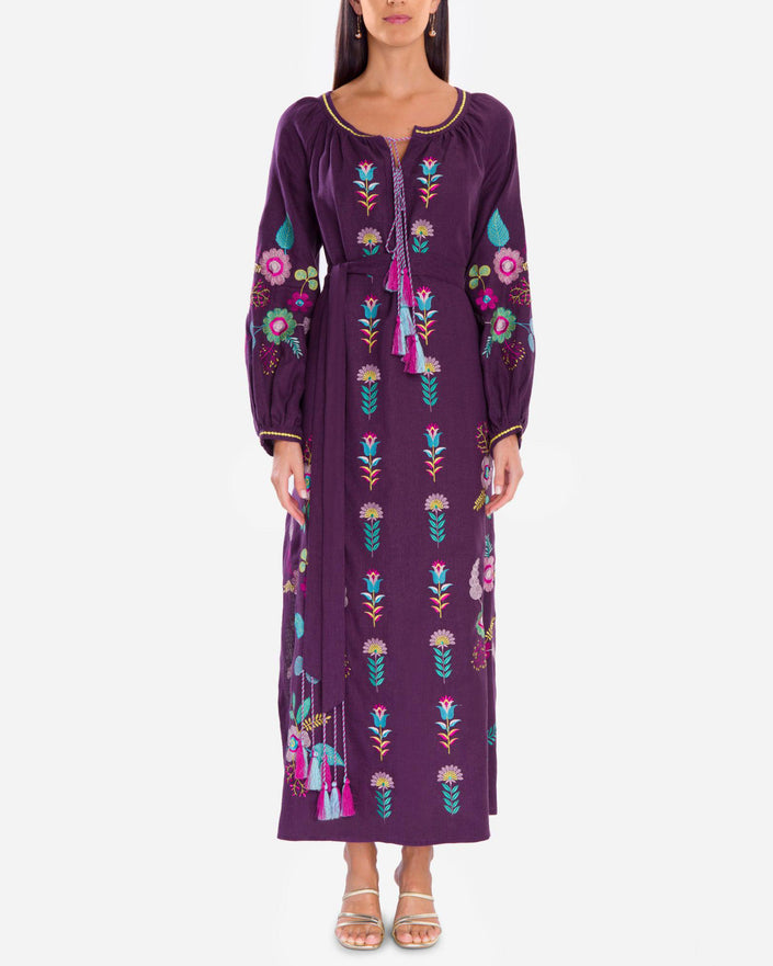 Plum Purple Embroidered Linen Maxi Dress – Balloon Sleeves