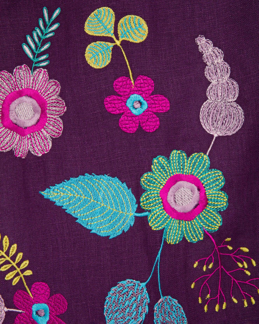 Plum Purple Embroidered Linen Maxi Dress | ZALXNDRA