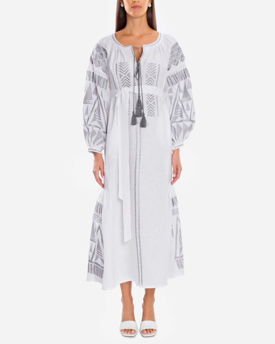 White Grey Geometric Embroidered Linen Kaftan Maxi Dress