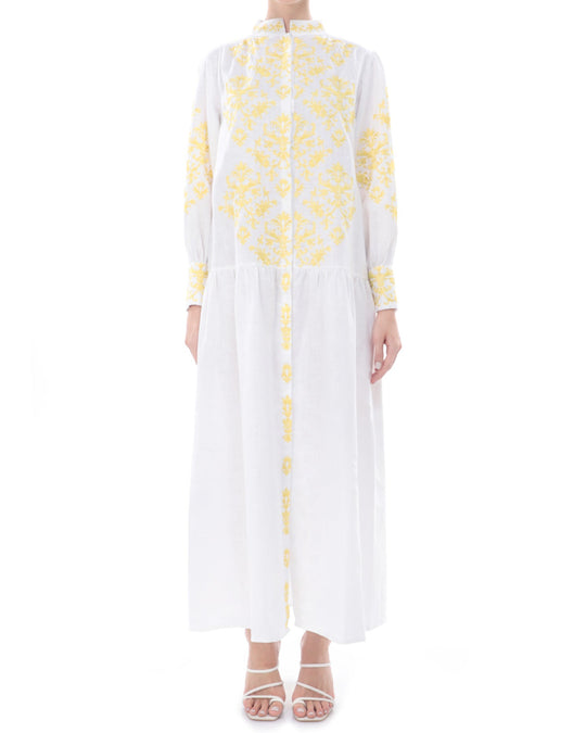 White and Yellow Damask Embroidered Linen Maxi Dress with Stand Collar