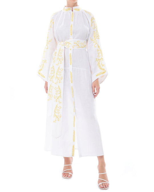 White and Yellow Embroidered Linen Maxi Dress with Stand Collar and Angel Sleeves