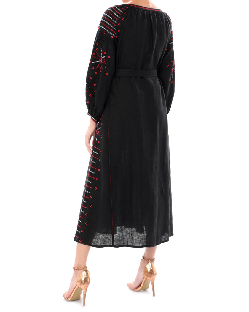 Black Embroidered Linen Maxi Dress | ZALXNDRA
