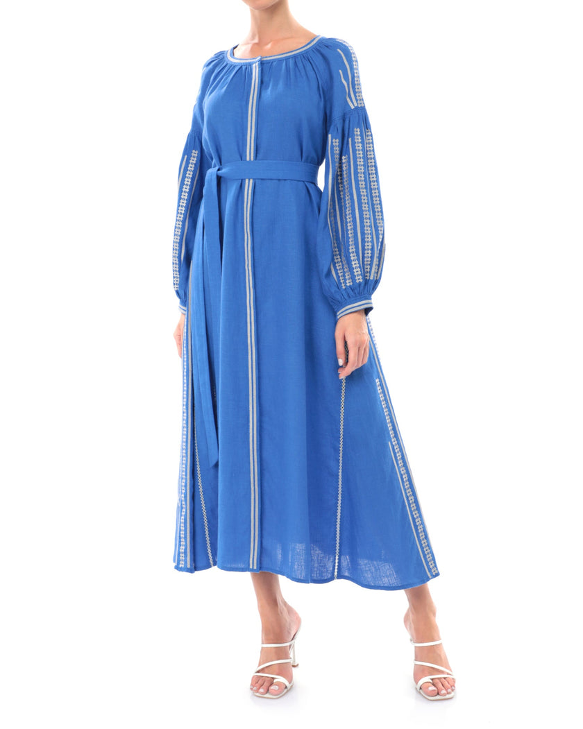 Royal Blue Embroidered Linen Maxi Dress | ZALXNDRA