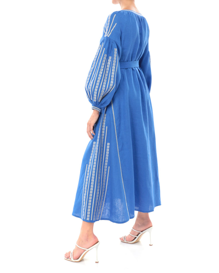 Royal Blue Embroidered Linen Maxi Dress | ZALXNDRA