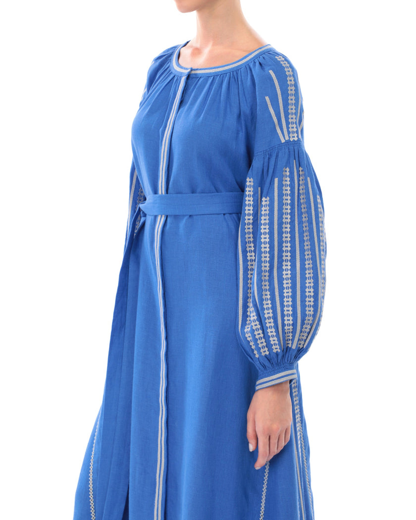 Royal Blue Embroidered Linen Maxi Dress | ZALXNDRA