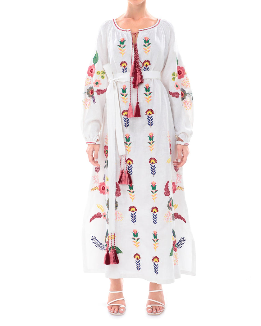White Embroidered Linen Maxi Dress | ZALXNDRA