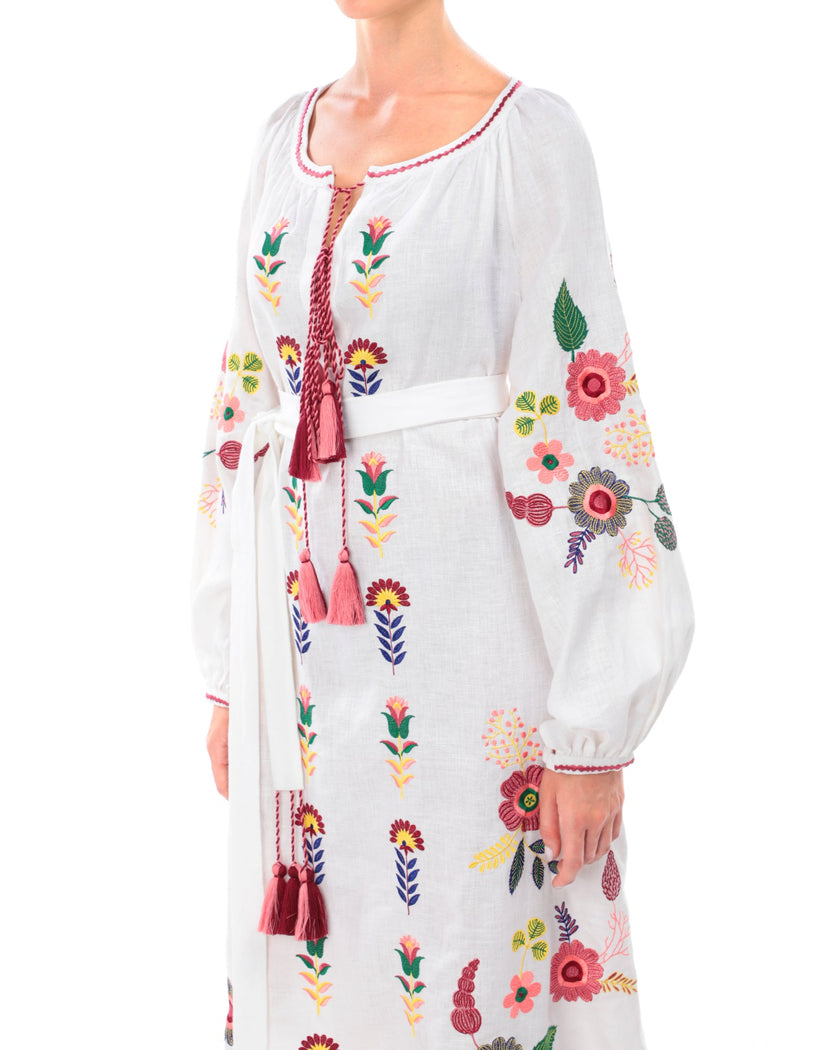 White Embroidered Linen Maxi Dress | ZALXNDRA