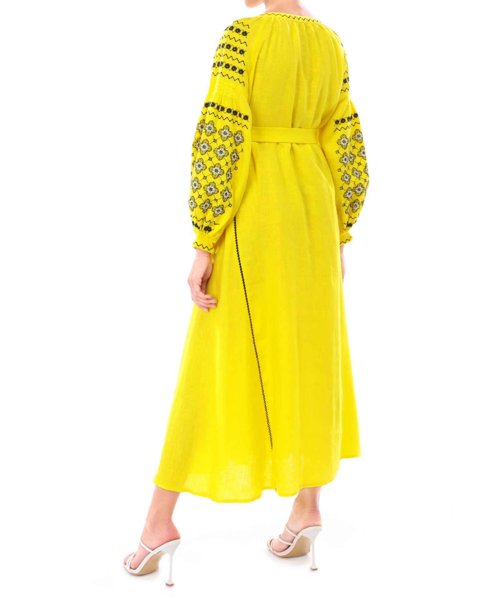 Lemon Yellow Embroidered Linen Maxi Dress | ZALXNDRA