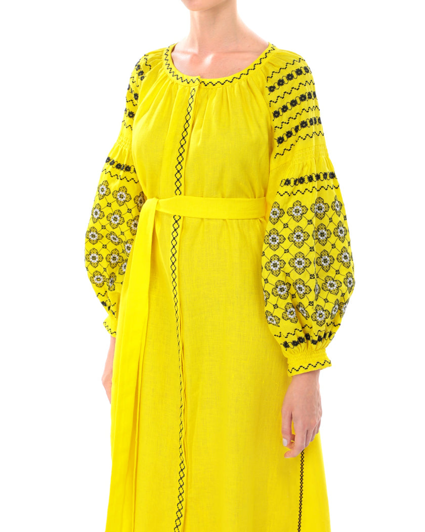 Lemon Yellow Embroidered Linen Maxi Dress | ZALXNDRA