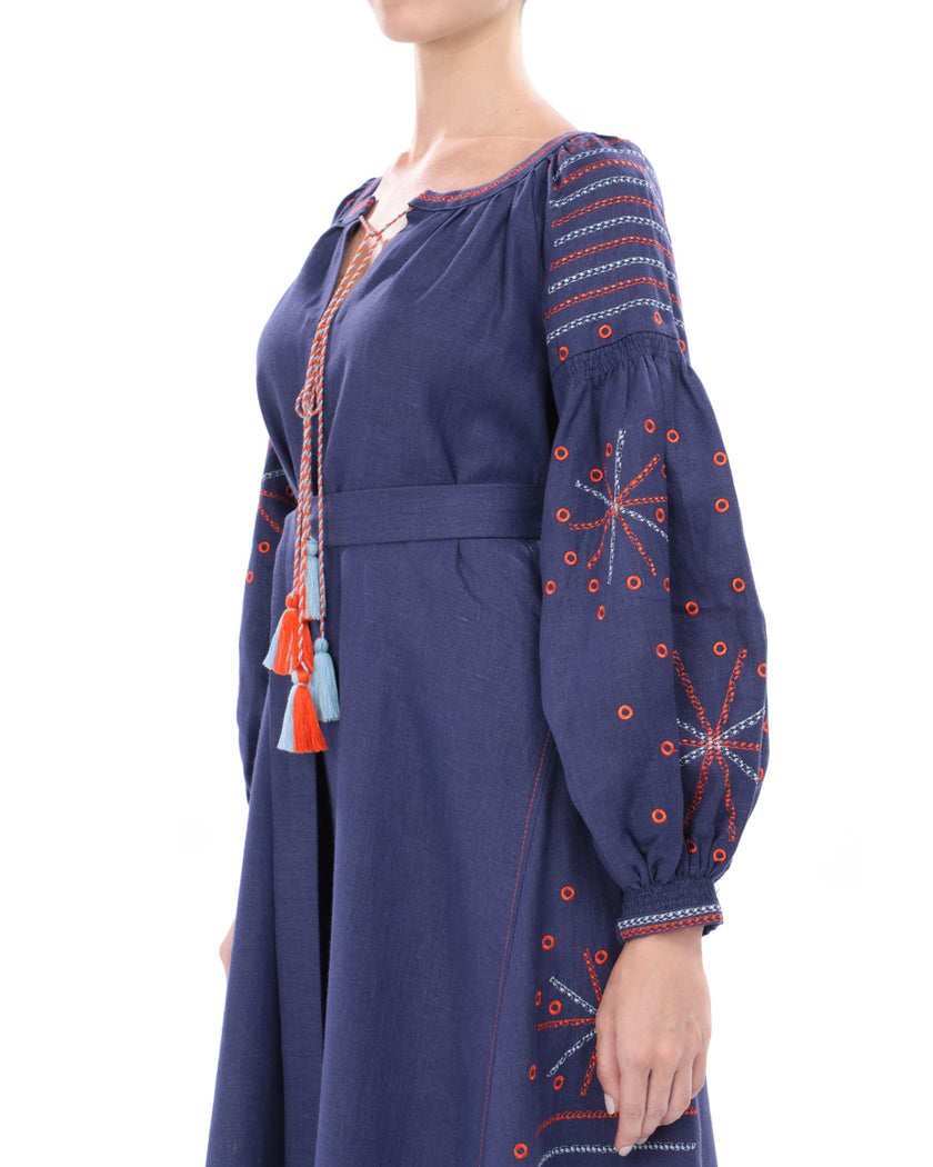 Rhapsody Blue Embroidered Linen Maxi Dress | ZALXNDRA